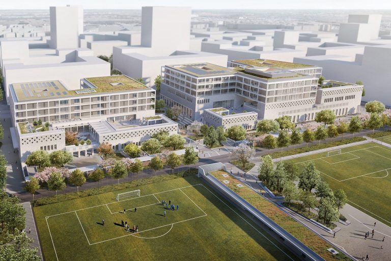 Luftansicht mit Sportanlagen, Visualisierung Gymnasium Neufreimann © moka-studio